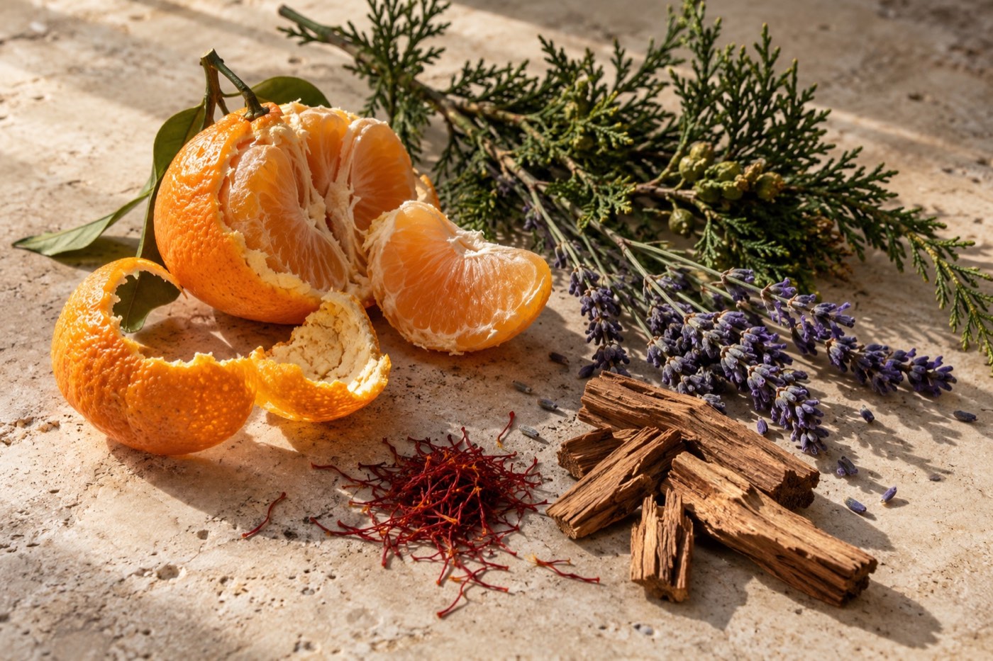 Mandarin peel, cypress, lavender, wood and saffron in warm light on natural stone